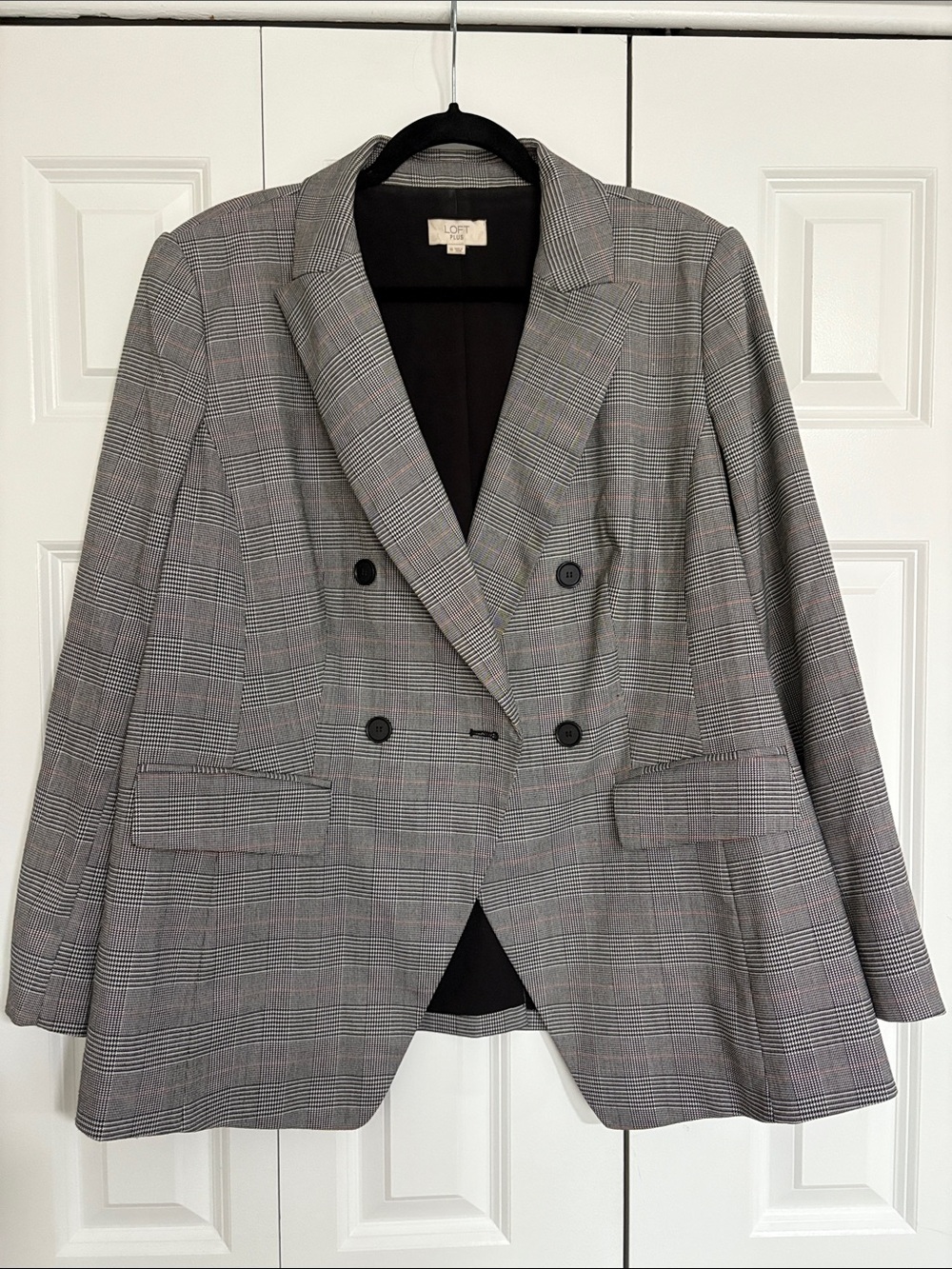 LOFT Black Plaid Double-Breasted Blazer - Size 16